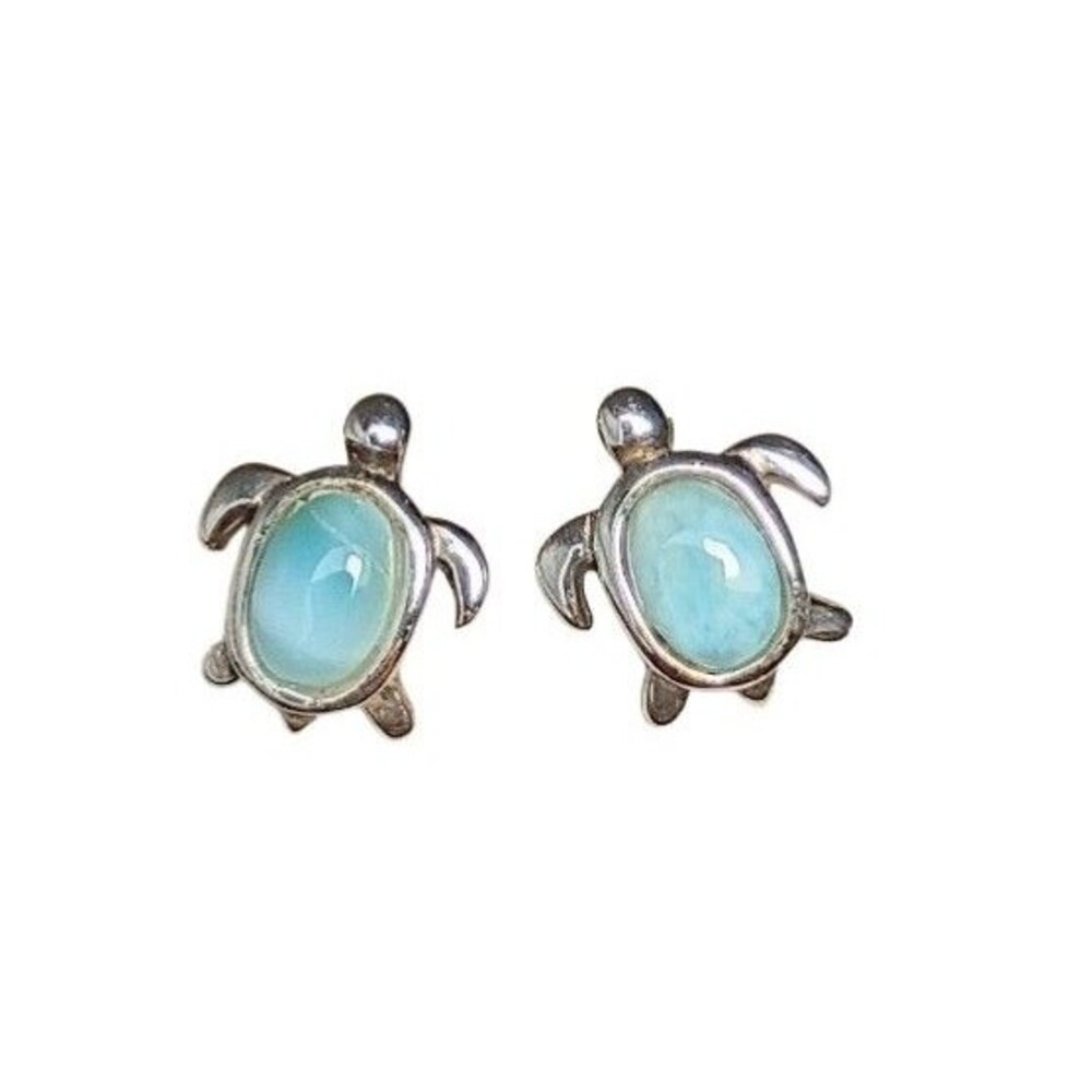Sterling Silver Natural Larimar Turtle Stud Earrings Vintage